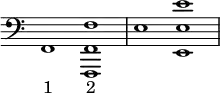 \new Staff \with {\remove "Time_signature_engraver"} {\clef bass \time 2/1
f,1
< f,, f, f >1
e1
< e, e e' >1 }
\addlyrics {"1" "2"}