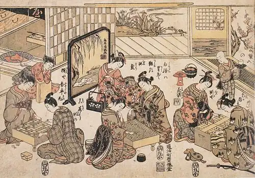 Наклонная проекция: женщины играют в сёги, го и пан-сугороку[англ.]. Киёнага, ок. 1780