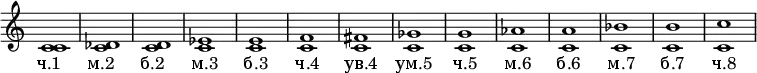 \new Staff \with {\remove "Time_signature_engraver"} {
< c' c' >1

< c' des' >
< c' d' >

< c' es' >
< c' e' >

< c' f' >
< c' fis' >

< c' ges' >
< c' g' >

< c' aes' >
< c' a' >

< c' bes' >
< c' b' >

< c' c'' > }
\addlyrics {"ч.1" "м.2" "б.2" "м.3" "б.3" "ч.4" "ув.4" "ум.5" "ч.5" "м.6" "б.6" "м.7" "б.7" "ч.8"}