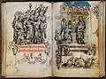 Часослов Жанны д’Эврё, «Поцелуй Иуды» и «Благовещение». Сама Жанна д’Эврё изображена внизу на красном фоне часословом в руке. Музей Метрополитен, Нью-Йорк