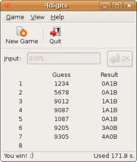 Скриншот компьютерной версии игры. Партия выиграна за семь ходов