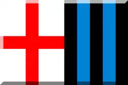 Прямоугольник, окрашенный для первой половины в белый цвет (с красным крестом), а для второй половины в черный/лазурный.