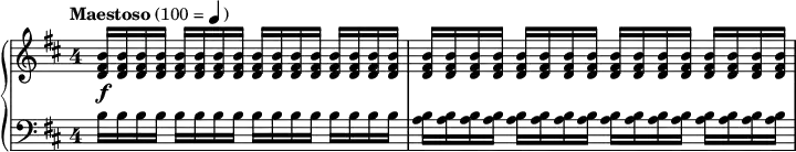 \new PianoStaff <<
\new Staff \relative c''{\override Staff.TimeSignature.style = #'single-digit \time 4/4 \key b \minor <b fis d >16\f^\markup{\halign #-0.3 \bold Maestoso (100 = \note {4} #0.8)} q q q \repeat unfold 7 {q q q q}}
\new Staff \relative c' {\override Staff.TimeSignature.style = #'single-digit \clef bass \key b \minor \repeat unfold 4 {b16 b b b} \repeat unfold 4{<b a> q q q}}
>>