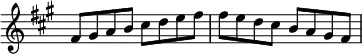\new Staff \with {\remove "Time_signature_engraver"} {\key fis \minor \set Score.tempoHideNote = ##t \tempo 8 = 120
fis'8 gis'8 a'8 b'8 cis''8 d''8 e''8 fis''8
fis''8 e''8 d''8 cis''8 b'8 a'8 gis'8 fis'8 }