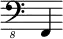 { \new Staff \with { \remove "Time_signature_engraver"} {\clef "bass_8" f,,4}}