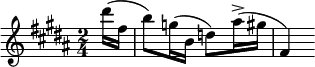 \relative c''
{
\clef treble \key b \major \time 2/4 \partial 16*2 dis'16( fis, b8) g16( b, d8) ais'16->( gis fis,4)
}
