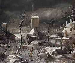 Зимний пейзаж с санями, запряжёнными лошадьми, конькобежцами и игроками в гольф на замерзшем водном пути у ветряной мельницы, Амстердам и замёрзшая река за ней. Частное собрание