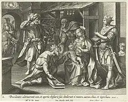 Поклонение волхвов. По рисунку М. де Воса. Офорт из серии «Жизнь, Страсти и Воскресение Христа». 1598 – 1618