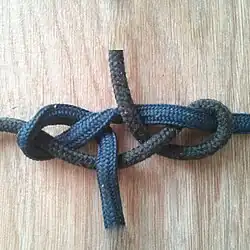 Скорняжный узел, Double harness bend with parallel endsСвязывательный штык . Он сравнительно прост, имеет достаточно пересечённых концов и компактен. Кроме того, обладает отличным свойством: рассчитанный для сильной тяги, он крепко затягивается, но и без особого труда развязывается. Можно применять для связывания синтетических тросов и рыболовных лесок:48.