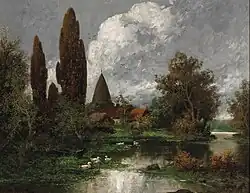 Домашние утки на деревенском пруду