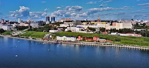 Панорама набережной Зодчего Дудина на фоне пруда. Видны монумент Дружбы народов, Летний сад им. Горького, пивзавод И. И. Бодалёва