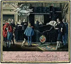 «Изображение ложа для отдыха в Нассау, на которой покоится тело Его Высочества Фредерика Хенрика». 1647. Офорт, раскраска акварелью. Рейксмюсеум, Амстердам