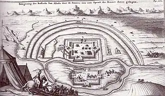 Гравюра с изображением осады Албазина из книги Н. Витсена «Северная и Восточная Тартария». Амстердам, 1692