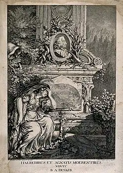 «Альбрехт фон Галлер; его памятник посещает скорбящая». Офорт, резец