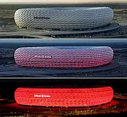 Ультрасовременная «Альянц Арена» в Мюнхене может менять цвет в зависимости от выступающей на нём команды