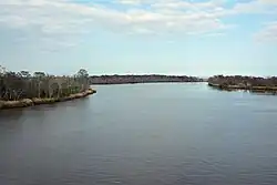 Вид на низовье реки с моста на границе округов Мак-Интош и Глинн