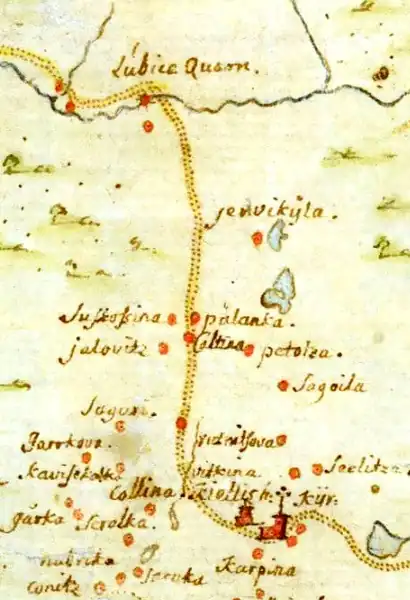 Фрагмент «Генеральной карты провинции Ингерманландии» Э. Белинга и А. Андерсина. 1678 год (уточ. 1704)