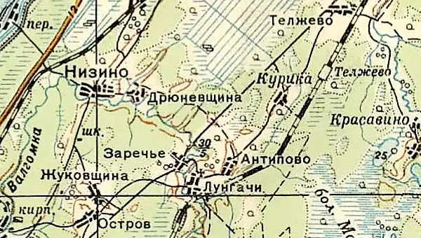 Деревня Заречье на карте 1940 года