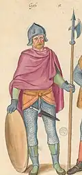 Воин «гот» с алебардой. Акварель из «Всемирного театра старинной и современной моды» Лукаса де Гира[англ.]* (1575 г.)