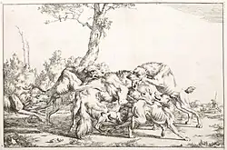 Собаки атакуют лису. Офорт по рисунку П. С. Поттера