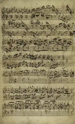 Третья страница авторской рукописи; конец фантазии и начало фуги