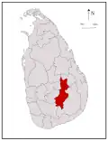 Area map of Badulla District which has its northern border near the centre of the country and extends to the south, located in the Uva Province of Sri Lanka