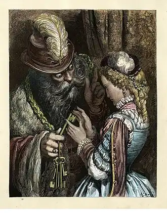 Иллюстрация Гюстава Доре: Синяя Борода, жена и ключ