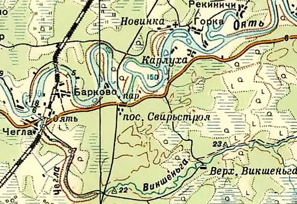 Посёлок при станции Оять на карте РККА 1940 года