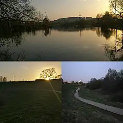 По часовой стрелке, начиная сверху: вид на Пенягинский пруд; вид на пойму реки в её верхнем течении; земляная плотина, перекрывающая русло реки в среднем течении