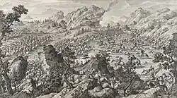 Битва при Аркюле. Офорт из серии «Завоеваний западных регионов» (цикла «Завоевания императора Китая»). Между 1769 и 1774