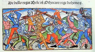 Король Бела IV и король Богемии Пржемысл Отакар II во время битвы при Кресеннбруне. Иллюстрация из книги Chronica Hungarorum, ок. 1488.