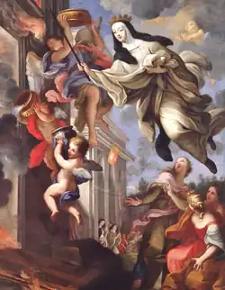 Блаженная Мафальда Португальская спасает монастырь Арука от пожара. Деталь. Между 1704 и 1725 гг. Музей сакрального искусства Арока, епархия Порту, Португалия