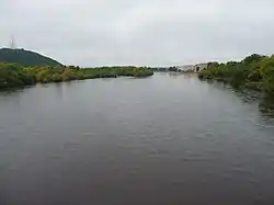 Река Бира в Биробиджане, вид с моста вверх по течению