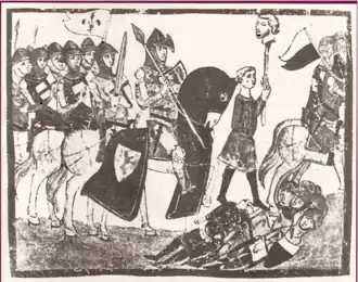 Пехотинец несет на копье голову Провенцана Сальвани. Миниатюра XIV века, Ватиканская апостольская библиотека