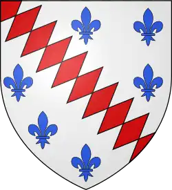 D’argent à la bande fuselée de gueules accompagnée de six fleurs de lis d’azur, trois à dextre et trois à senestre