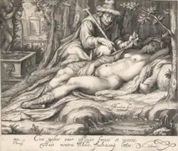 «Декамерон». День пятый, рассказ первый: Кимон откидывает простыню, обнажая обнаженное тело спящей Ифигении. Между 1599 и 1603. Офорт