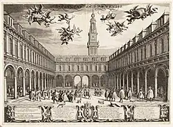 Гравюра издания «Описание Биржи Амстердама». Внутренний двор. 1609