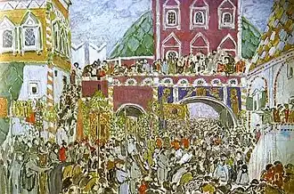 Сцена царского коронования из оперы «Борис Годунов» М. Мусоргского (дизайн А. Головина для постановки С. Дягилева в Париже)