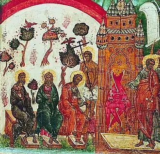 Лоно Авраамово и Благоразумный разбойник (в центре с крестом). Деталь иконы «Страшный суд», XVI век