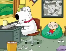 Промокартинка.Брайан занимается перед экзаменами, а Стьюи наслаждается студенческой жизнью