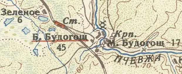 Деревни Большая и Малая Будогощь на карте 1932 года