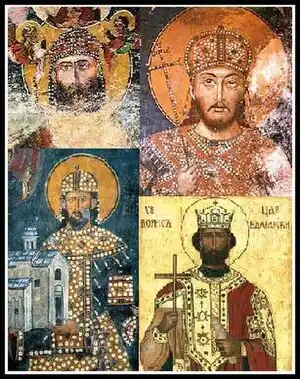 По часовой стрелке, начиная с левого верхнего угла: Иоанн-Александр, Стефан Душан, Борис I, Стефан Драгутин,