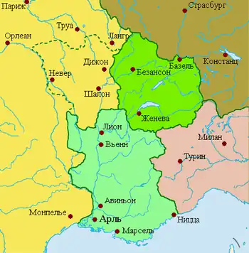 Бургундские государства в 925 году  Королевство Нижняя Бургундия Королевство Верхняя Бургундия
 Западнофранкское королевство Восточнофранкское королевство Королевство Италия Пунктиром обозначена территория Бургундии, отошедшая в 843 году к Западнофранкскому королевству (будущее герцогство Бургундия)