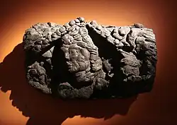 Обгоревшая деревянная голова женщины, дворец Кала-и Кахкаха I, VII-VIII века, Национальный музей древностей Таджикистана