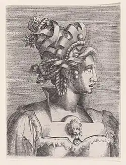 Женщина с фантастической причёской и маской. Гравюра резцом на меди