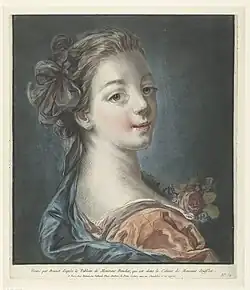 Бюст молодой женщины с бантом в волосах. По рисунку Ф. Буше. Между 1769 и 1793. Карандашная манера. Рейксмюсеум, Амстердам