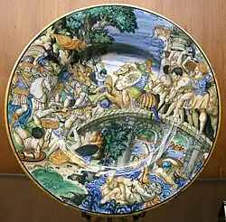 Гораций Коклес, защищающий мост. Роспись блюда. Майолика. Урбино. 1542