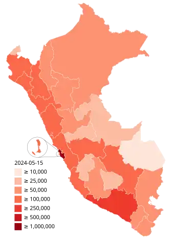 Подтверждённые случаи заражения в Перу:
1-9 случаев 10-19 случаев 20-39 случаев 40-79 случаев ≥80 случаев ≥1000 случаев