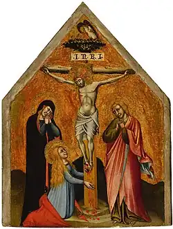 Распятие с предстоящими Девой Марией, Марией Магдалиной и Иоанном Евангелистом. Дерево, темпера, золочение. Частное собрание
