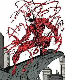 Карнаж (Клетус Кэседи) на обложке комикса Spider-Man Carnage (vol. 1) #1 (июнь 1993). Художники — Марк Багли и Рэнди Эмберлин.